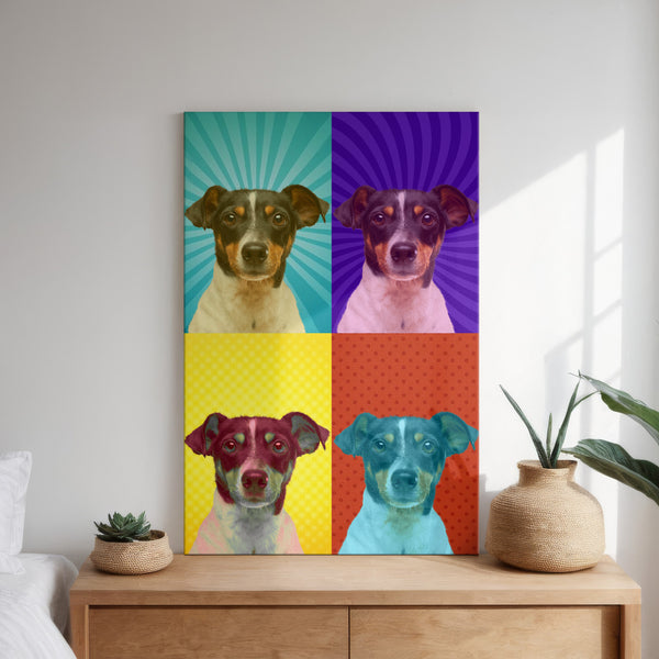 A Warhole Custom Pop Art—four vibrant dog portraits in pop art style with unique backgrounds—hangs above a wooden dresser with a plant and basket, making it the perfect gift for pet lovers.