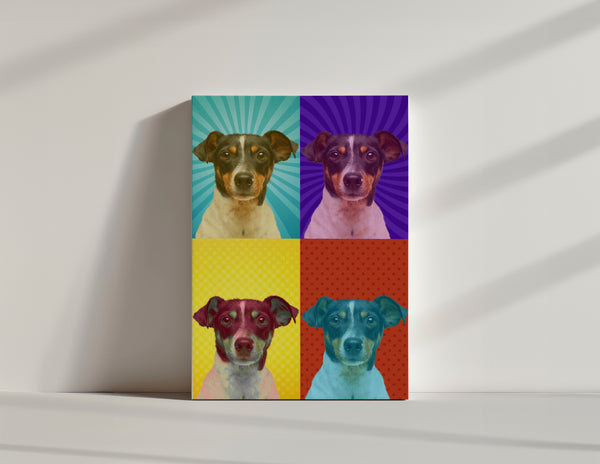 The Warhole Custom Pop Art poster showcases four vibrant portraits of the same dog, each with unique colors and patterns—ideal pet artwork for any pet lover—displayed leaning against a light wall with soft shadows.