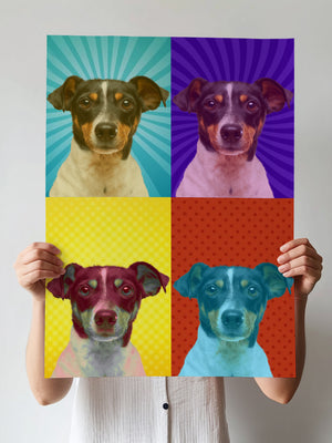 A person holds a Warhole Custom Pop Art canvas showcasing four pop-art portraits of the same dog, each on a unique vibrant background—teal, purple, yellow, and red—with different patterns behind the dogs head.