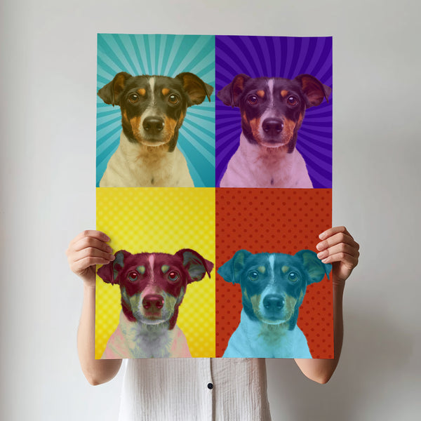 A person holds a Warhole Custom Pop Art canvas showcasing four pop-art portraits of the same dog, each on a unique vibrant background—teal, purple, yellow, and red—with different patterns behind the dogs head.